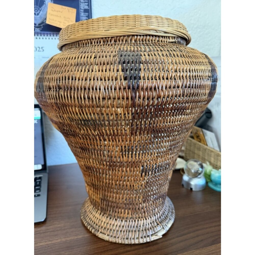 ANTIQUE HAND WOVEN 15.5” Tall Philippine COIL BASKET WITH LID African Tribal - Picture 2 of 12